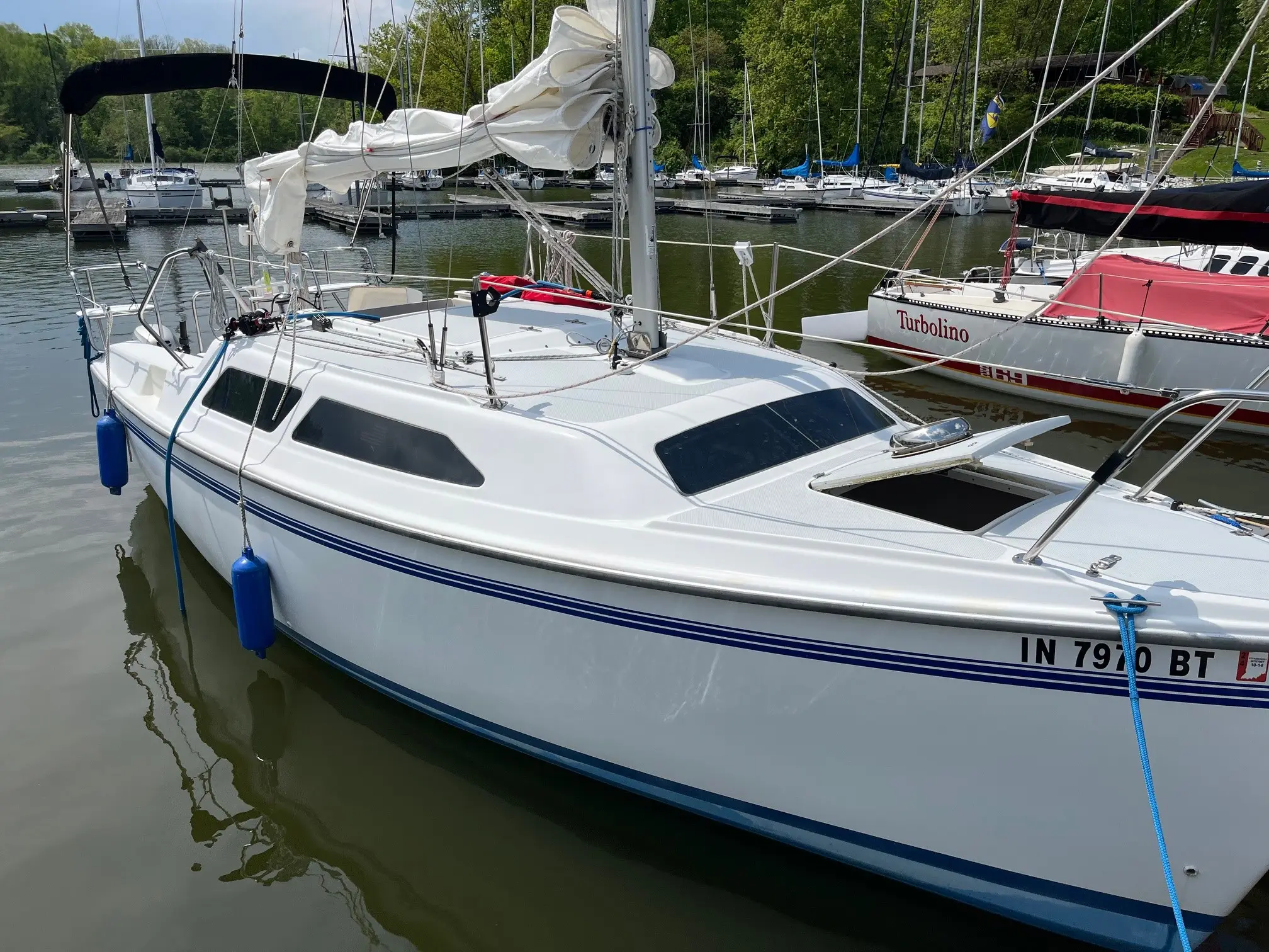 Boats tied up at the dock in calm marina light